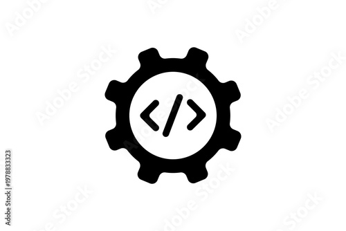 Coding symbol inside gear icon representing programming and development.