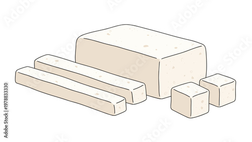 Block of fresh white tofu with cut slices and cubes, providing a popular plant based protein source for healthy cooking and vegan diets.
