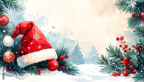 Festive Christmas scene with Santa hat and ornaments.