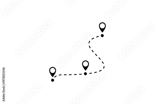 Minimalist design of a dotted path with pin markers on white background.