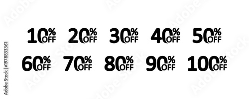 Set of discount percentages from 10% to 100% off displayed in bold black text.