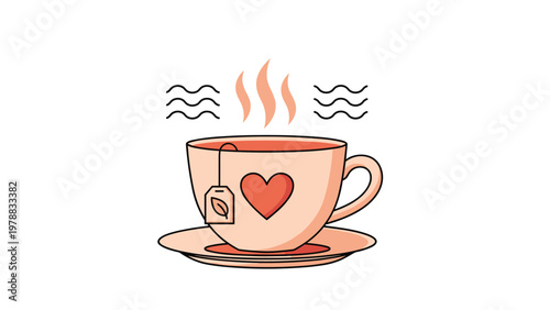 Warm cup of tea with a heart symbol and a tea bag, radiating steam in a cozy and inviting illustration for wellness and relaxation themes.