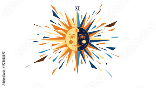 Stylized celestial illustration of a split sun and moon face with radiating gold and blue geometric rays in a mystical astronomical theme.