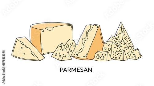 Assortment of hard Parmesan cheese wedges and broken pieces, displaying its typical crumbly texture for gourmet Italian food designs.