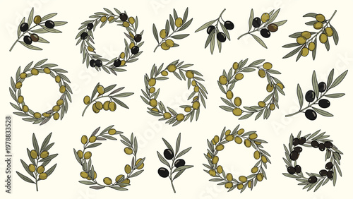 Detailed collection of olive branches and wreaths with green and black olives, perfect for mediterranean style decorations or logos.