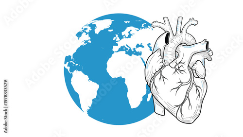 Anatomical human heart illustration positioned next to a blue world globe, symbolizing global health and cardiovascular wellness.
