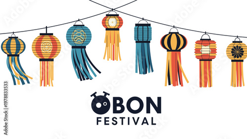 Traditional Japanese lanterns in blue, red, and yellow hanging on a wire above the Obon Festival text for a cultural celebration event.