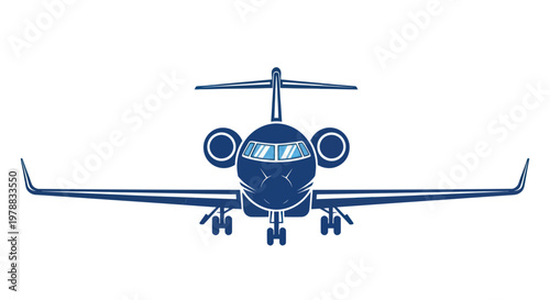 Front View of a Blue Corporate Jet Airplane on White Background