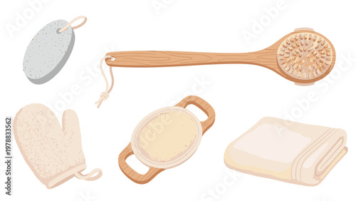Spa and body care set featuring a wooden massage brush, a pumice stone, an exfoliating glove, a loofah, and a folded cotton towel.