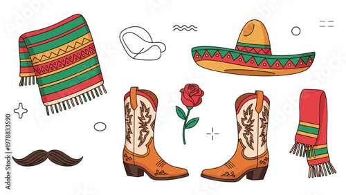 Collection of Mexican culture elements including a sombrero, cowboy boots, a colorful poncho, a red rose, and a mustache illustration.