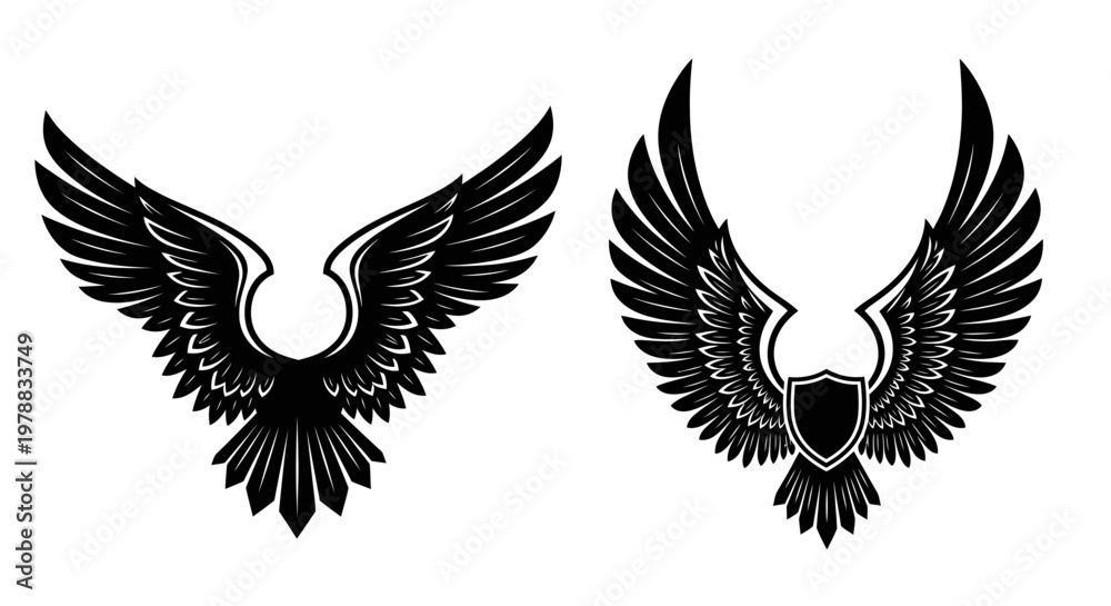 Fototapeta premium Two ornate winged crests depicted in a striking black silhouette
