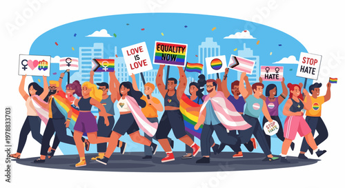 Diverse crowd celebrating pride with rainbow flags and equality signs in urban setting vector illustration. Pride parade promotes love and acceptance, advocating for LGBTQ rights and social justice.
