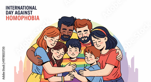 International Day Against Homophobia vector illustration showing diverse loving families embracing in unity and support. Celebrating equality and acceptance for all people.