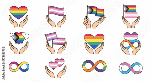 Vector illustration of diverse pride flags and symbols held by hands, representing inclusivity and LGBTQ+ community support, perfect for advocacy and awareness campaigns.
