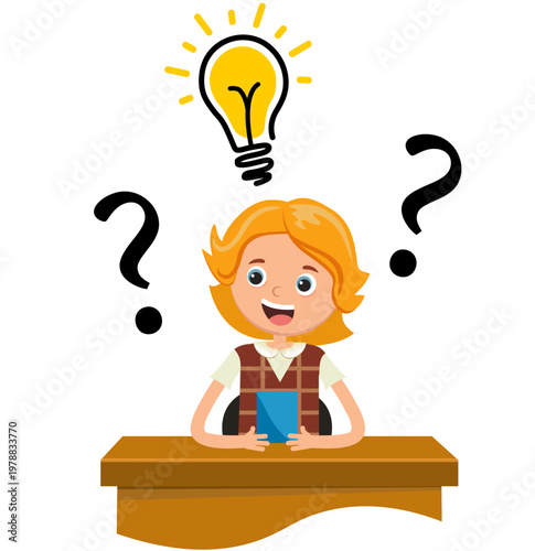 girl looking at the question.  The geography girl thinks and answers.  And she has an idea. Vector illustration in a flat style.