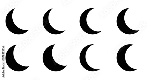 Lunar phases depicted as black shapes against a white background silhouette