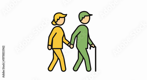 Elderly care assistance vector icon, caregiver helping senior person with walking stick, support and companionship concept vector illustration.