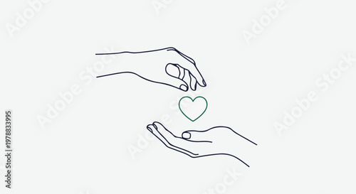 Minimalist vector illustration of hands exchanging a heart symbol, representing care and connection. This simple line art depicts giving and receiving love, perfect for concepts of charity, support,