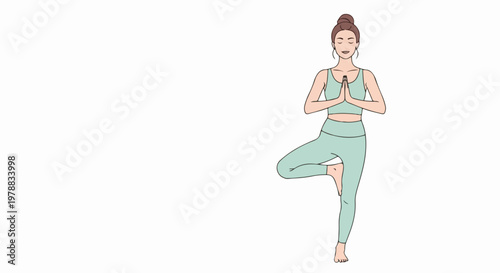 Woman practicing yoga tree pose, Vrikshasana, in a serene vector illustration style. This peaceful yoga pose promotes balance and mindfulness, perfect for wellness and fitness content.