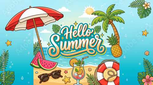 Colorful beach scene with palm trees and a fun summer atmosphere