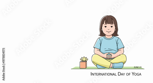 Child meditating in lotus pose for International Day of Yoga, vector illustration. Peaceful child practicing yoga, promoting wellness and mindfulness for kids.