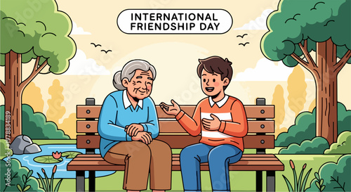 International Friendship Day vector illustration showing an elderly woman and a young boy sharing a moment on a park bench, celebrating connection and companionship.