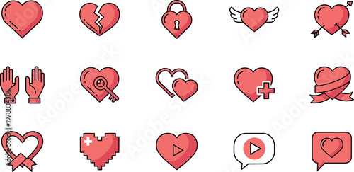 A vibrant collection of heart shaped icons representing love connection and various emotional states in a colorful design