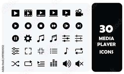 30 Solid Media Player and Multimedia Interface Vector Icons Set