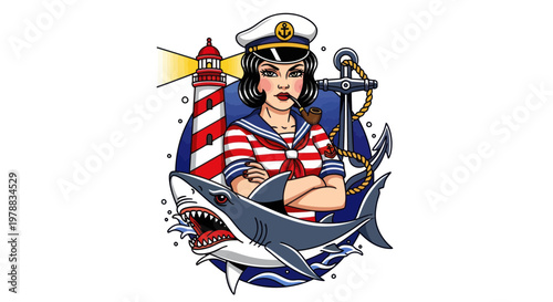 Woman sailor smoking pipe with shark and lighthouse, retro tattoo style