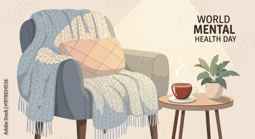 World Mental Health Day cozy armchair scene with warm blanket and steaming cup of tea, promoting self care and relaxation vector.