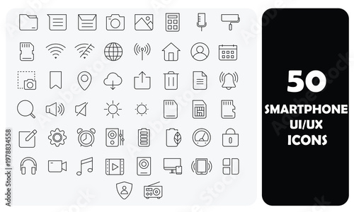 50 Smartphone UI UX Line Vector Icons Set
