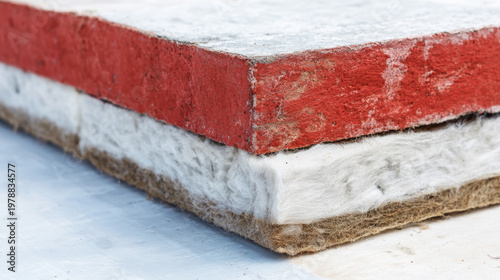 Layered building materials showcasing brick, mineral wool, and fiberboard for thermal insulation and construction applications