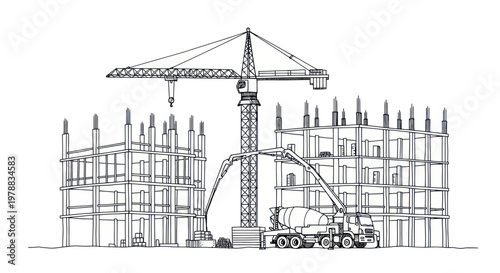 Construction site with crane and concrete mixer truck pouring cement into building framework.