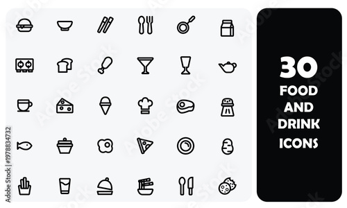 30 Food and Drink Linear Vector Icons Set