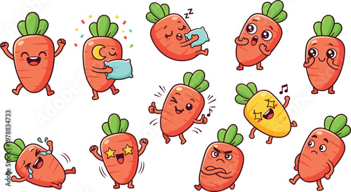 Cute carrot character emotions vector set with funny faces happy sad angry sleepy expressions cartoon vegetable illustration