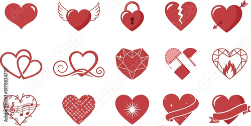 A collection of diverse red heart illustrations depicting love loss and emotional states in a whimsical style