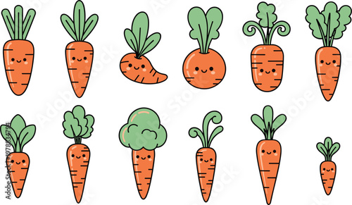 Cute carrot vegetable character vector set with funny faces fresh organic farm food illustration collection isolated design