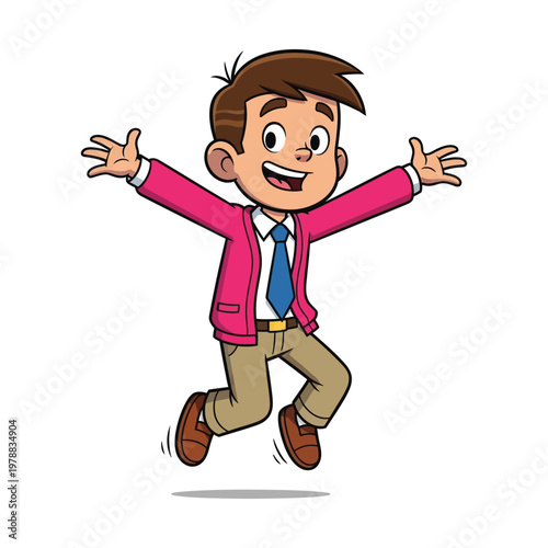 Excited schoolboy jumping with arms outstretched in a joyful manner