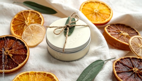 Dried Citrus Slices and a Creamy Container on White Cloth.