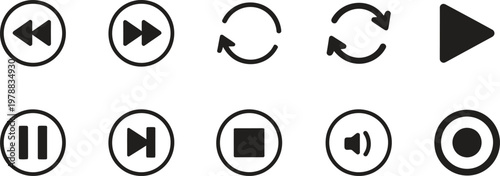 Black and white media player control icons play pause stop previous next and volume