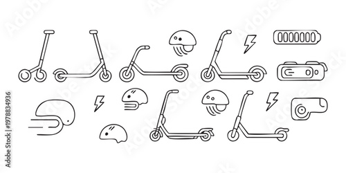 Electric scooter and helmet line art icons collection vector set mobility transport symbols
