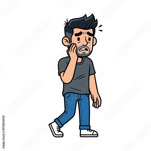 A man looking uncomfortable while talking on the phone with earphones.