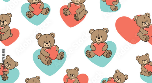 Cute teddy bear seamless pattern with hearts love theme cartoon vector background for kids nursery design