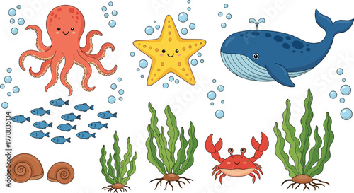 Cute underwater sea life vector set with octopus whale starfish crab fish seaweed and shells cartoon illustration