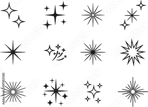 Collection of sparkling starbursts and glittering shine effects in black and white design