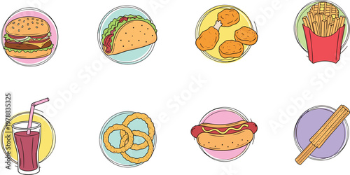 Fast food icon vector set with burger taco nuggets fries drink pretzel hotdog and churros hand drawn illustration