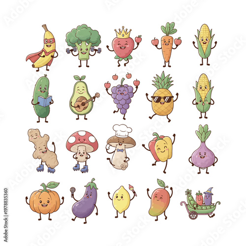 Cheerful anthropomorphic vegetables and mushrooms celebrating a festive occasion