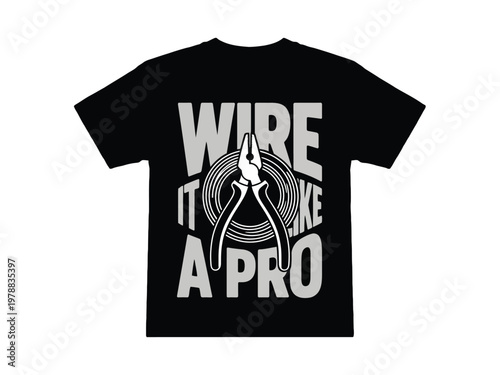 T-shirt displays a stylized graphic of wire cutters with bold industrial.