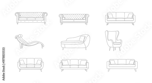A collection of outlined sofa and couch designs including chaise lounges and armchairs