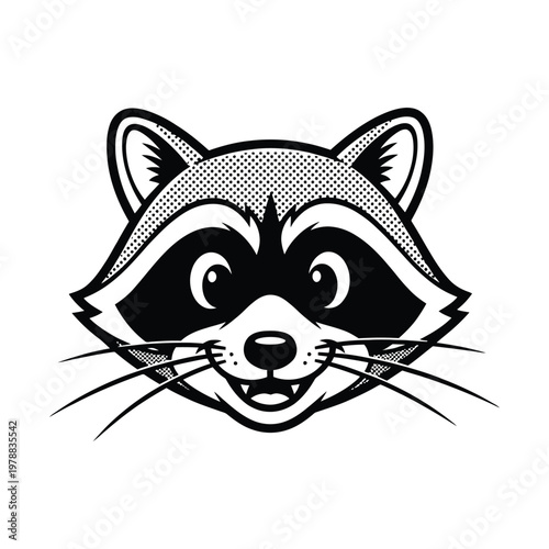 A playful cartoon raccoon with expressive eyes and a smiling face